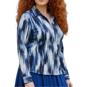 Foxcroft Blue Watercolor Long Sleeve Cotton Blouse Plus Size 18W
